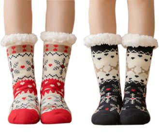 2 Pairs Thicken Knit Cozy Warm Fuzzy Slipper Socks With Non-slip Grippers Christmas Snowflake and Elk