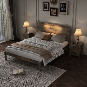 3-Pieces Bedroom Sets, Full Size Farmhouse Platform Bed with Two Bedside Lights, 2-Drawer Nightstand, Antique Walnut