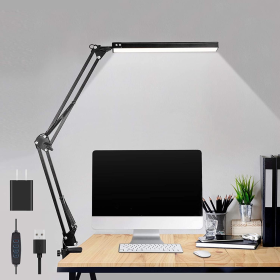 LED Desk Lamp, Adjustable Swing Arm Desk Light with Clamp, 3 Color Modes 10 Brightness Reading Lamp for Home Office, Black