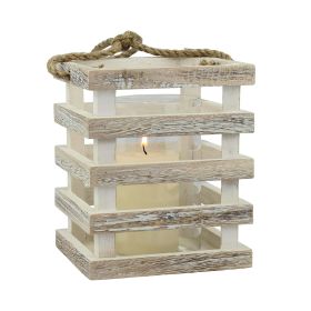 Stonebriar Indoor 6" Coastal Wood Candle Holder with Removable Glass Cylinder, Off-White