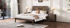 3-Pieces Bedroom Sets, Full Size Farmhouse Platform Bed with Two Bedside Lights, 2-Drawer Nightstand, Antique Walnut