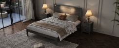 3-Pieces Bedroom Sets, Queen Size Farmhouse Platform Bed with Two Bedside Lights, 2-Drawer Nightstand, Antique Gray