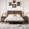 3-Pieces Bedroom Sets, Full Size Farmhouse Platform Bed with Two Bedside Lights, 2-Drawer Nightstand, Antique Walnut