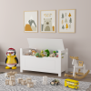 Kids Toy Box Chest, White Rubber Wood Toy Box for Boys Girls, Large Storage Cabinet with Cushion Seat Bench/Flip-Top Lid/Safety Hinge