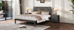 3-Pieces Bedroom Sets, Queen Size Farmhouse Platform Bed with Two Bedside Lights, 2-Drawer Nightstand, Antique Gray