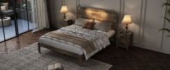 3-Pieces Bedroom Sets, Full Size Farmhouse Platform Bed with Two Bedside Lights, 2-Drawer Nightstand, Antique Walnut