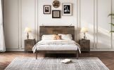 3-Pieces Bedroom Sets, Full Size Farmhouse Platform Bed with Two Bedside Lights, 2-Drawer Nightstand, Antique Walnut