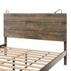 3-Pieces Bedroom Sets, Full Size Farmhouse Platform Bed with Two Bedside Lights, 2-Drawer Nightstand, Antique Walnut