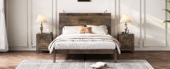 3-Pieces Bedroom Sets, Full Size Farmhouse Platform Bed with Two Bedside Lights, 2-Drawer Nightstand, Antique Walnut