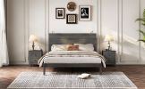 3-Pieces Bedroom Sets, Queen Size Farmhouse Platform Bed with Two Bedside Lights, 2-Drawer Nightstand, Antique Gray