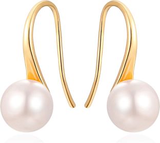 925 Sterling Silver Hoop Handpicked AAA+ Quality 7.5-8mm White Freshwater Cultured Pearl Dangle Drop Earrings Jewelry for Women Girls (Color: 2. Gold)