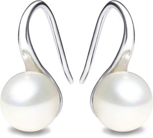 925 Sterling Silver Hoop Handpicked AAA+ Quality 7.5-8mm White Freshwater Cultured Pearl Dangle Drop Earrings Jewelry for Women Girls (Color: 1. Silver)